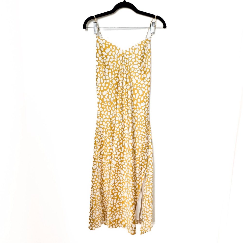 Lulus Calling My Spirit Yellow Satin Animal Print Midi Slip Dress Sz L Spring